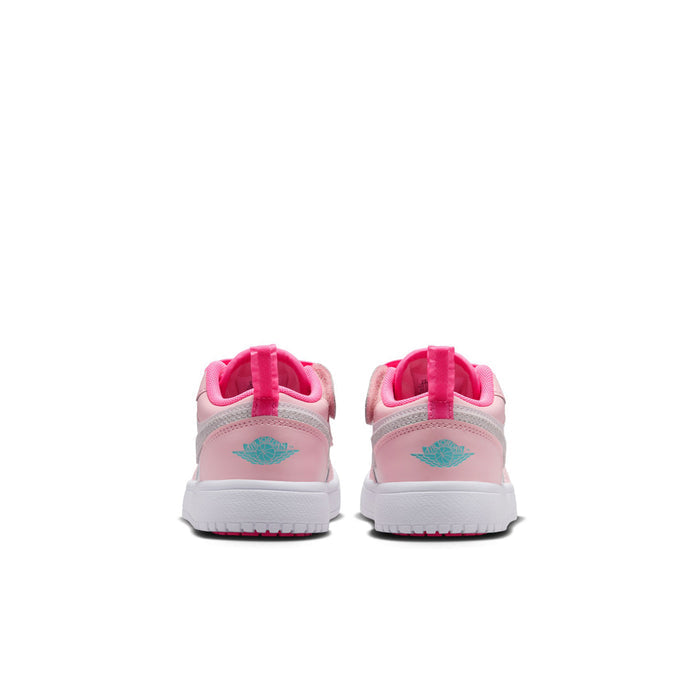 Kids' AJ 1 Low SE sneakers, pink with light aqua logo on the heel, rear view