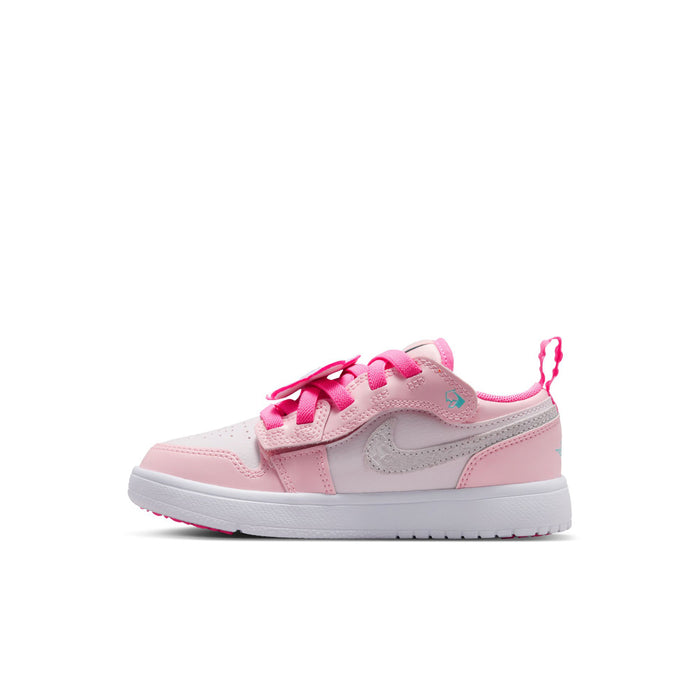 Kids' AJ 1 Low SE sneakers in pink with pink laces and stitched swoosh detail