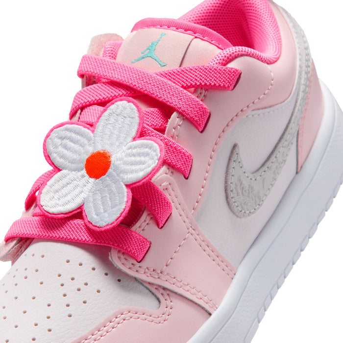 Kids' AJ 1 Low SE upper close-up, white-and-pink flower appliques and pink lace strap