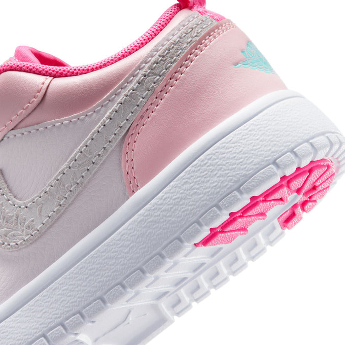 Kids' AJ 1 Low SE side close-up, pink lace and light aqua logo on light pink leather