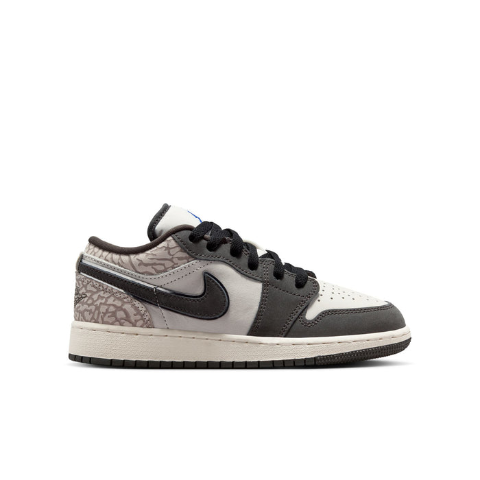 Youth Air Jordan 1 Low SE sneakers, white, black, and gray with lace-up front