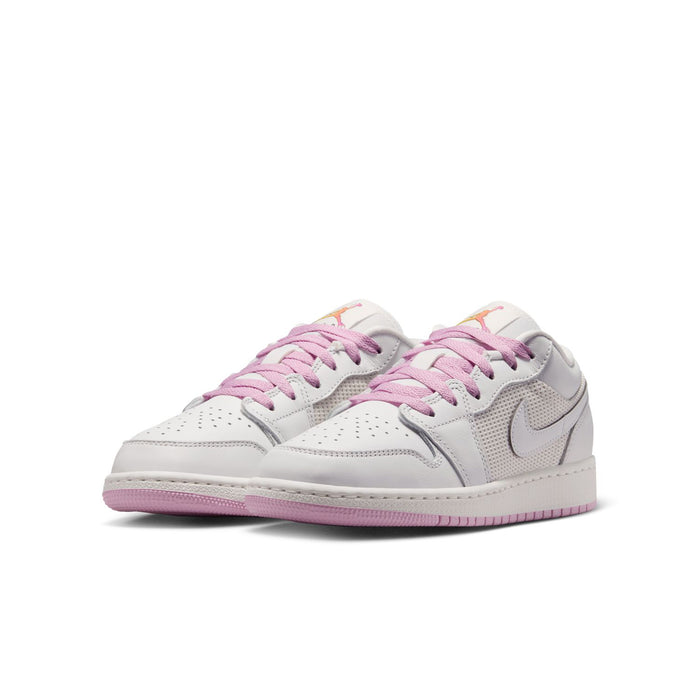 Pair of youth low-top sneakers, white leather with light pink laces and pink-accented sole