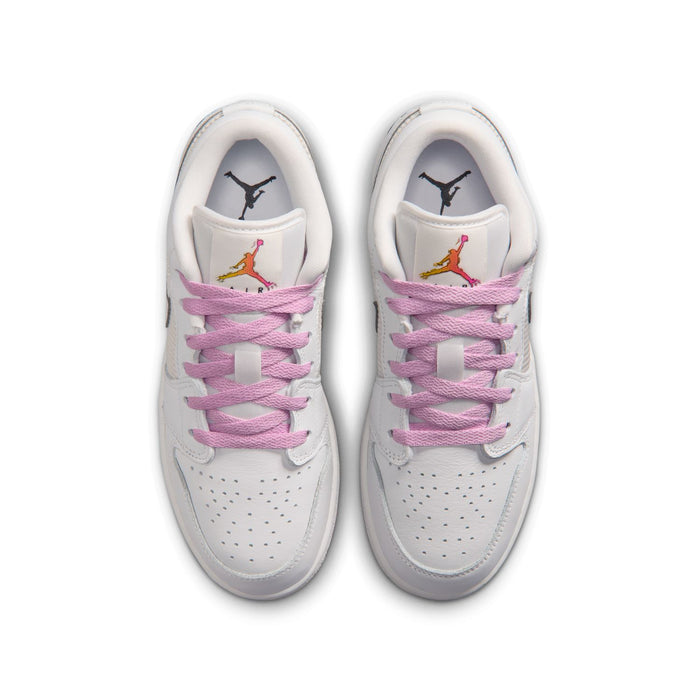 Youth sneakers with pink laces and colored Jumpman logos on the tongues, white uppers