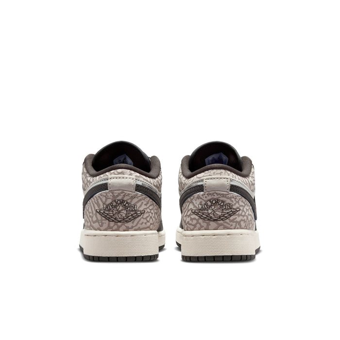 Youth Air Jordan 1 Low SE sneakers, back view; gray patterned heel and black collar
