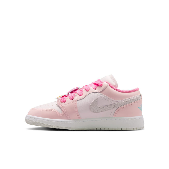 Youth low-top sneakers angled view in pale pink and white with pink lace detailing