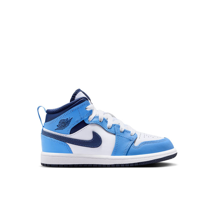 Kids mid-top sneakers in white, light blue, and dark navy with a swoosh logo