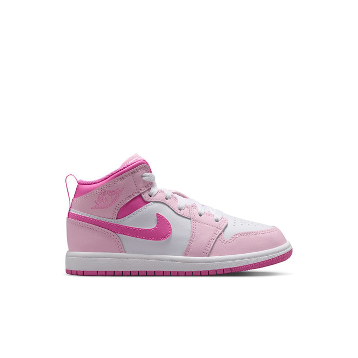 Kids' mid-top sneakers, white and light pink with pink swoosh
