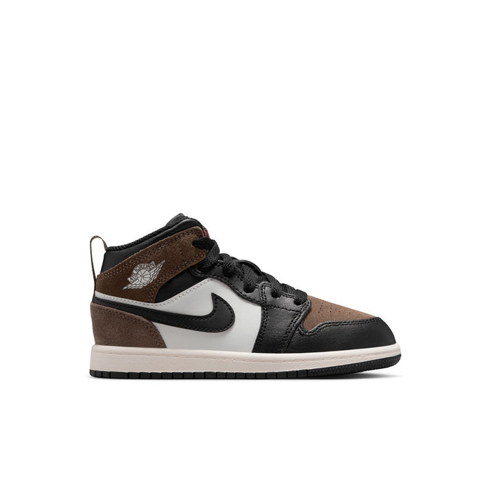 Kids mid-top sneakers with black, white and brown panels and Nike swoosh