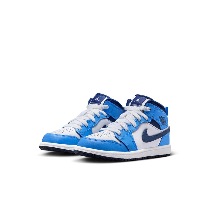 Pair of kids mid-top sneakers in white and light blue with dark navy accents