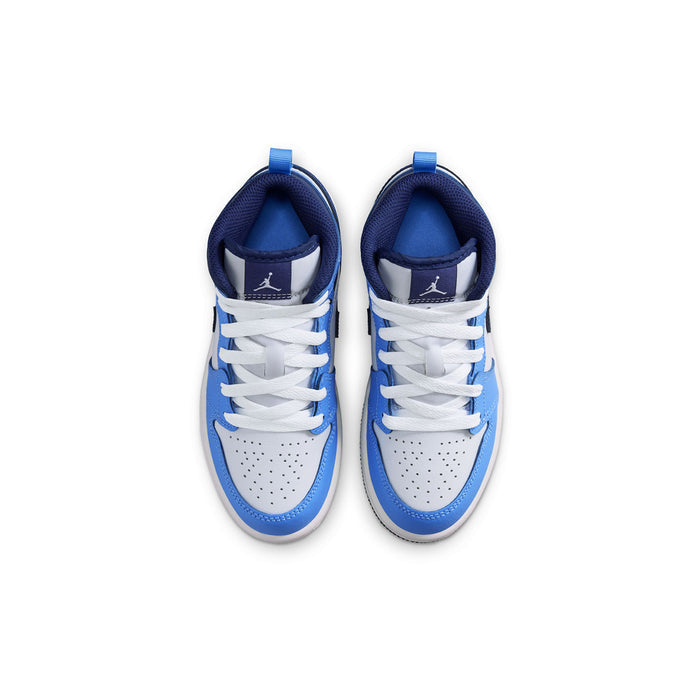 Kids mid-top sneakers viewed from above, white laces with blue and navy panels