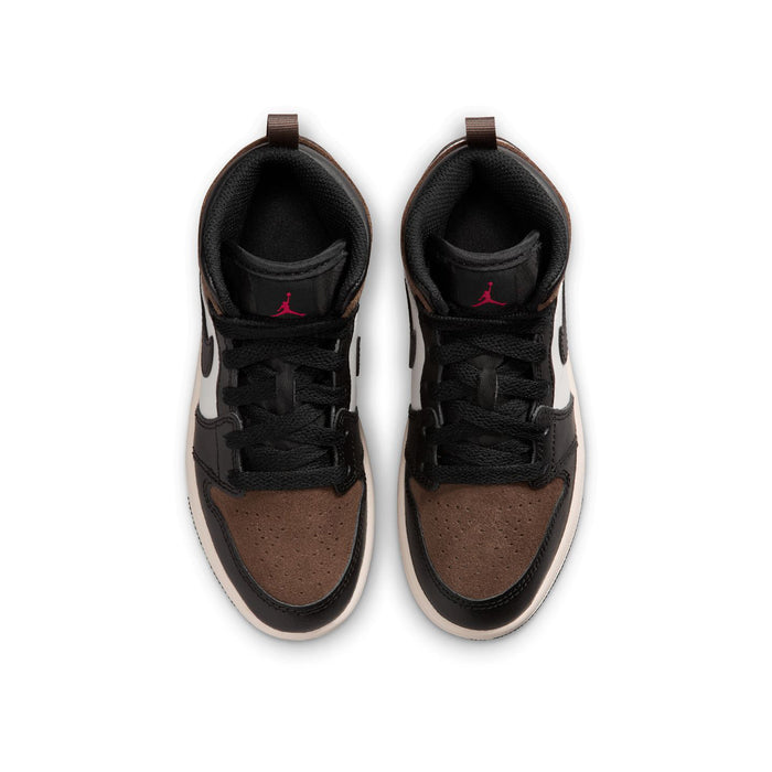 Kids mid-top sneakers with black laces, brown toe panels, and white midsole