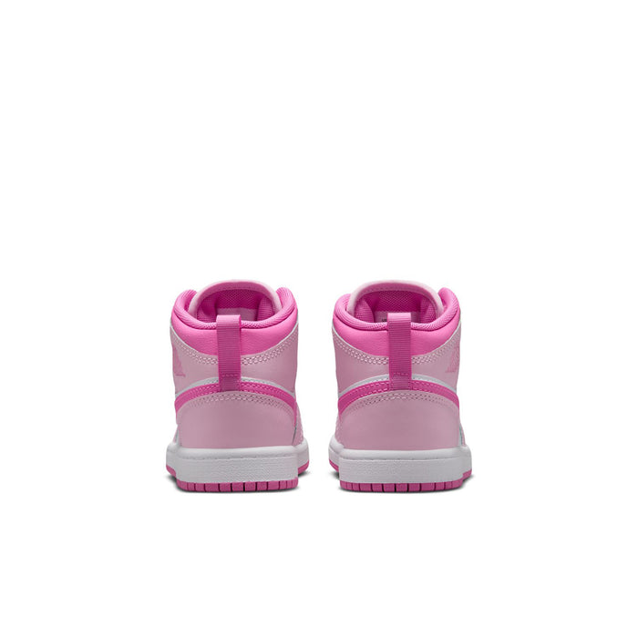 Kids' mid-top sneakers heel view, pink collar and white midsole