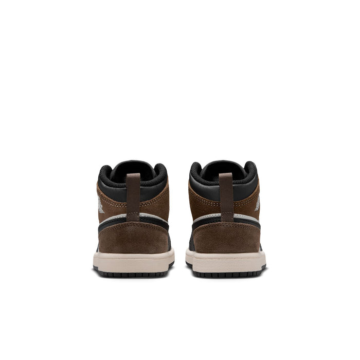 Kids mid-top sneakers heel view with brown suede and black lining, white outsole