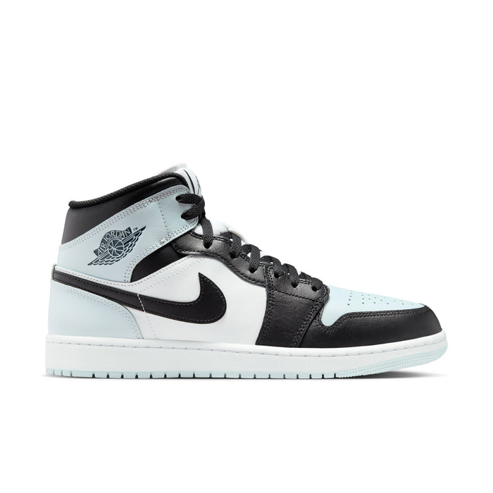 Black, light blue, and white mid-top sneakers with lace-up closure and Swoosh logo