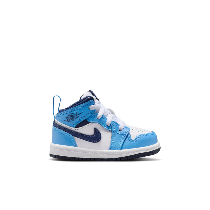 Toddler mid-top sneakers in light blue and white with dark navy swoosh detail