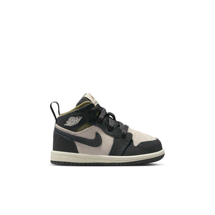 Toddler mid-top sneakers in black, off-white, and olive with lace-up design