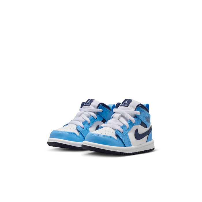 Toddler mid-top sneakers, side-by-side view, light blue and white with navy accents