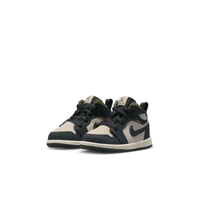Toddler mid-top sneakers, side-by-side view, black, off-white, and olive accents