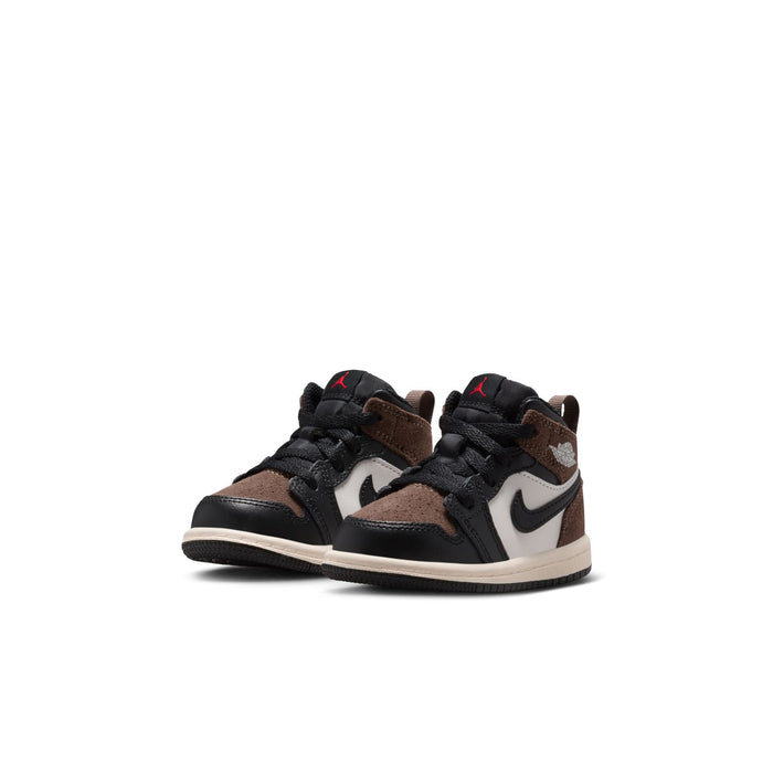 Toddler mid-top sneakers, black with brown toe panel, white midsole, Nike swoosh