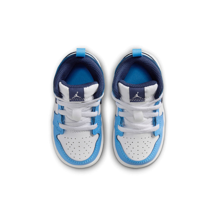Toddler mid-top sneakers with blue laces and padded collar, white and light blue upper