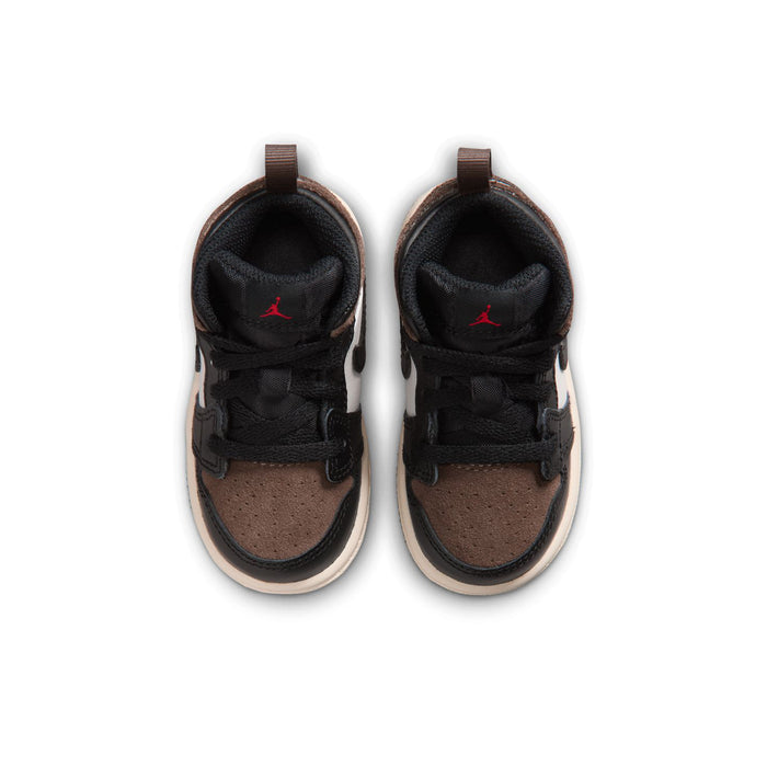 Toddler mid-top sneakers with black uppers, brown toe, and lace-up front