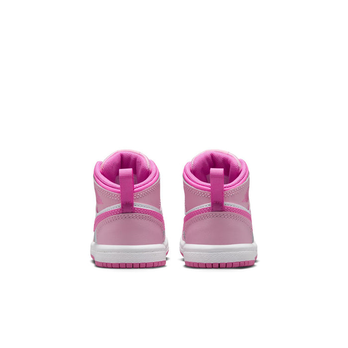 Pink and white toddler high-top sneakers, back view with heel tab and collar