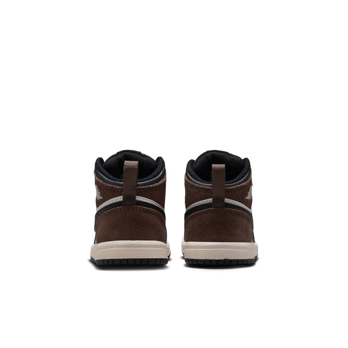 Toddler mid-top sneakers rear view, black and brown uppers with white sole