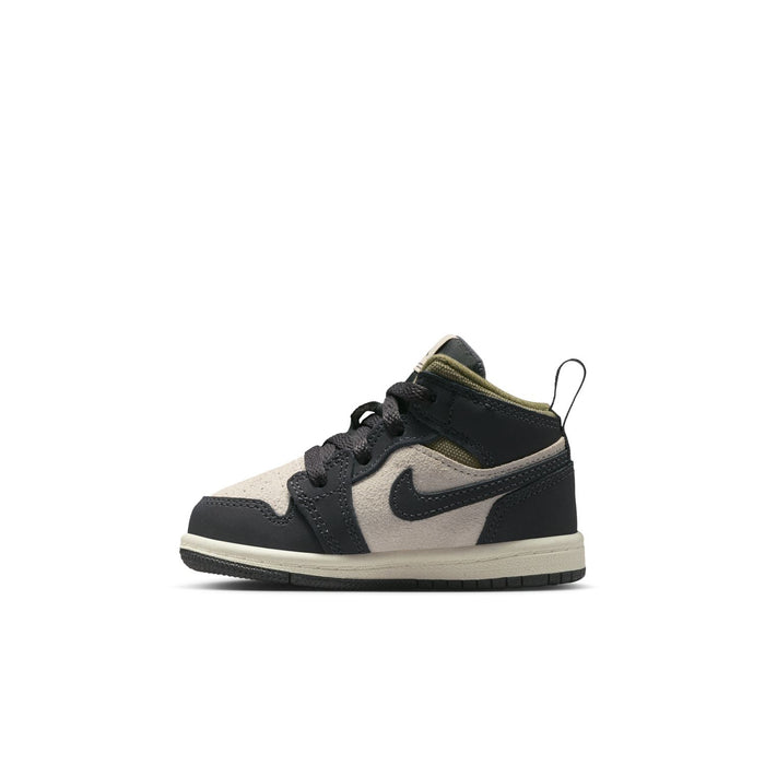 Toddler mid-top sneakers from side angle, black, off-white, and olive collar