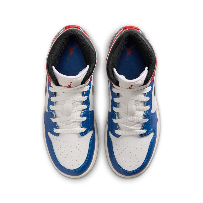 Youth Air Jordan 1 Mid sneakers, top view with white uppers, blue laces, blue toe trim.