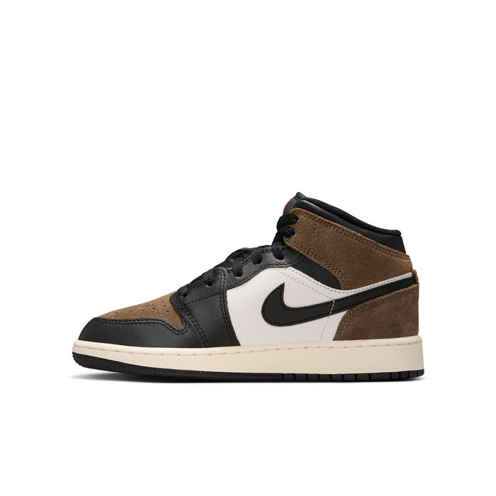 Youth mid-top sneaker side profile in brown suede, white panel, and black swoosh.