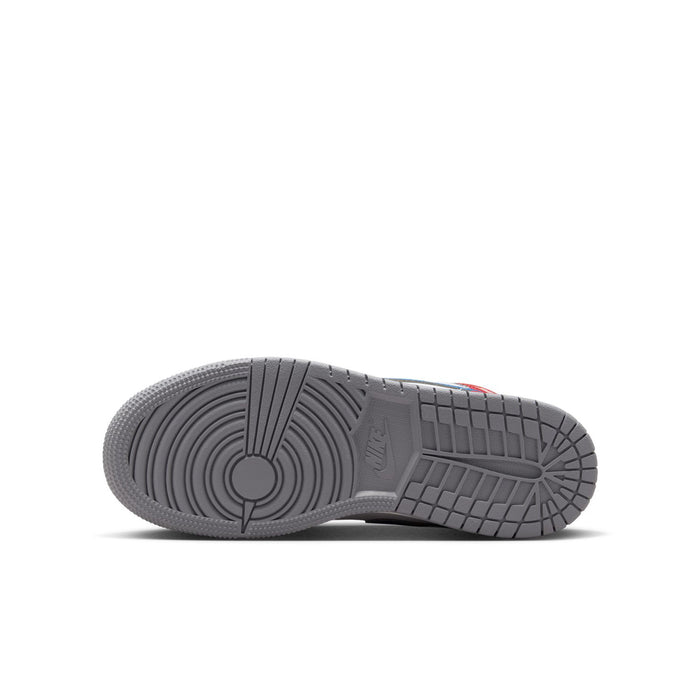 Youth Air Jordan 1 Mid sneakers outsole view with gray rubber traction tread.