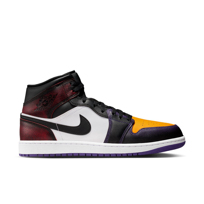 Mid-top sneakers in black leather with white swoosh, red/purple panels, purple sole