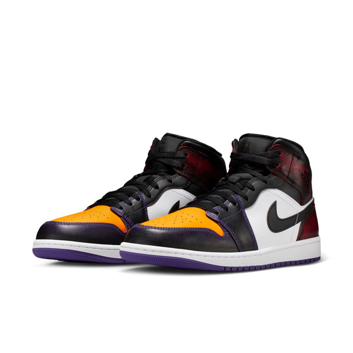 Pair of mid-top sneakers: black uppers, white swoosh, orange toe, red heel, purple accents
