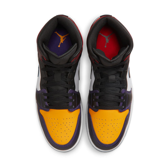 Mid-top sneakers with black laces; orange toe panels; purple inner lining; white midsoles