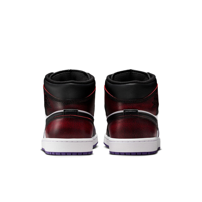 Mid-top sneakers heel view in black and burgundy-red leather with white midsole and purple tread