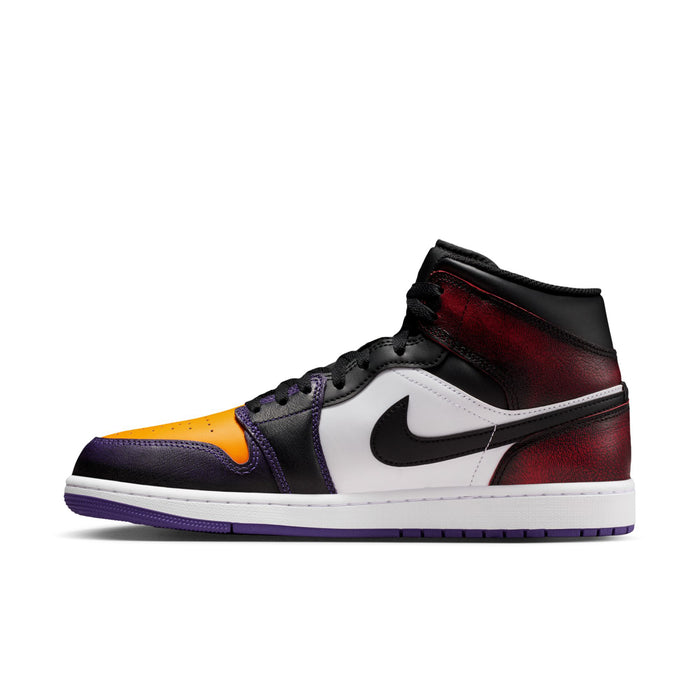 Mid-top sneakers: black upper, white swoosh, orange toe, red heel, purple laces and sole