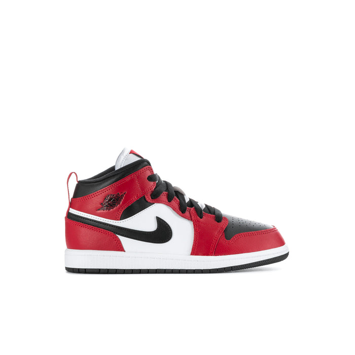 Kids mid-top sneakers in black, gym red, and white with lace-up closure