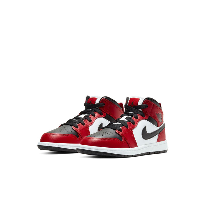 Kids mid-top sneakers, red and black with white side panel and lace-up front