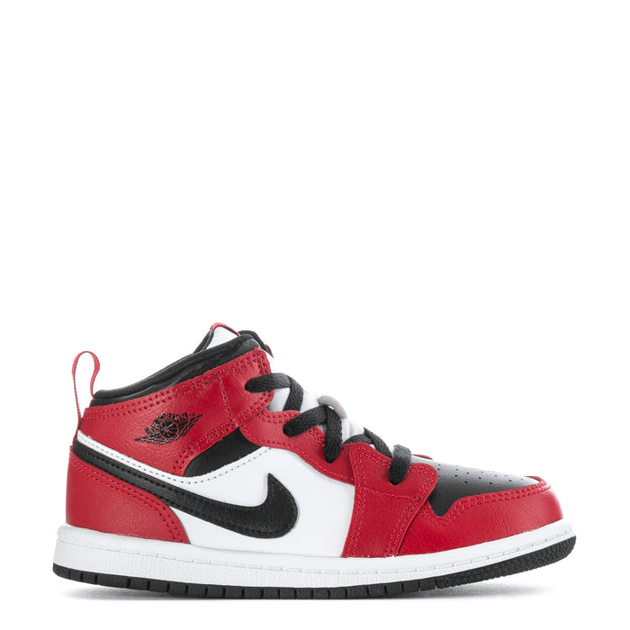 Mid-top toddler sneakers, red/black/white, lace-up with black Swoosh.
