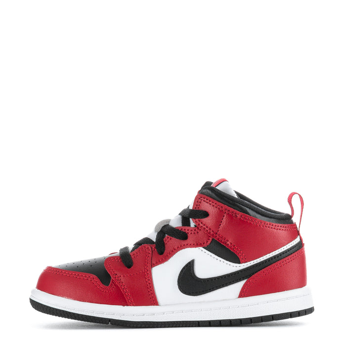 Mid-top toddler sneakers, red leather with white panels and black Swoosh.
