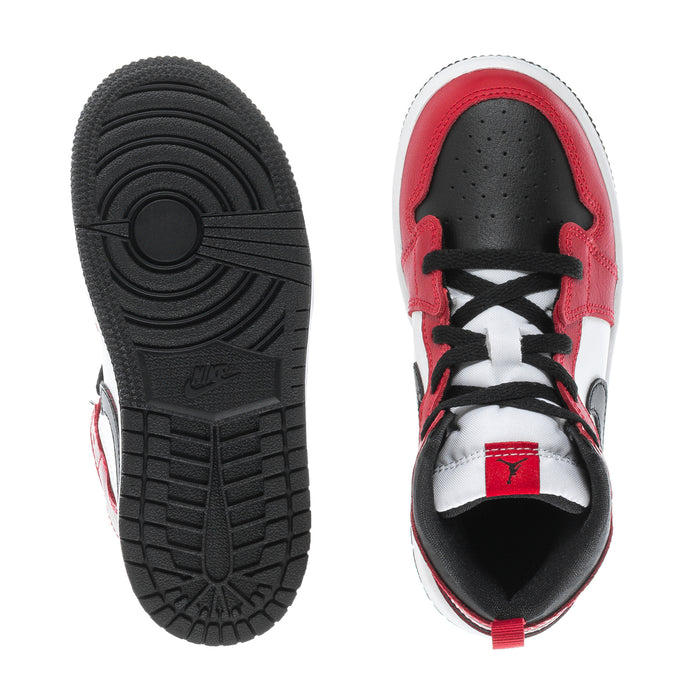 Toddler mid-top sneakers: black rubber outsole tread with red interior collar.