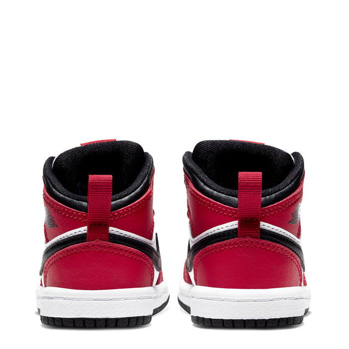 Toddler mid-top sneakers, back view: red heel with black collar and white stripe.