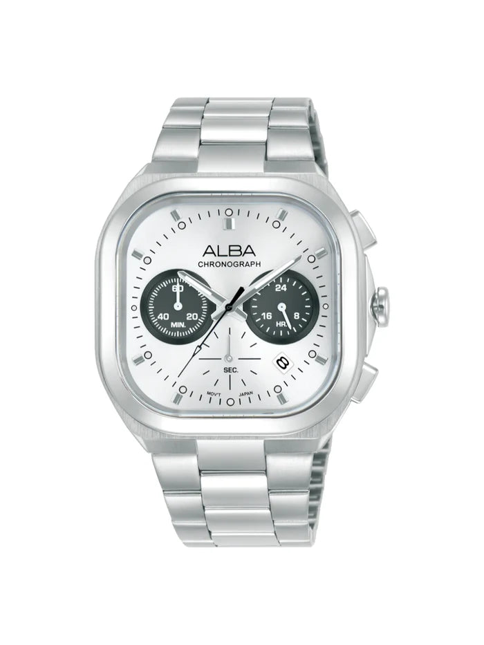 Alba Round White & Black Dial Chronograph Watch With Date Display & Steel Strap  - AT3L07X1