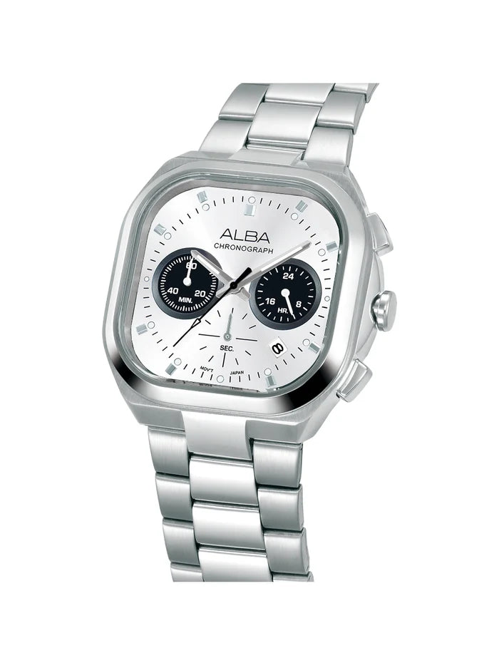 Alba Round White & Black Dial Chronograph Watch With Date Display & Steel Strap  - AT3L07X1