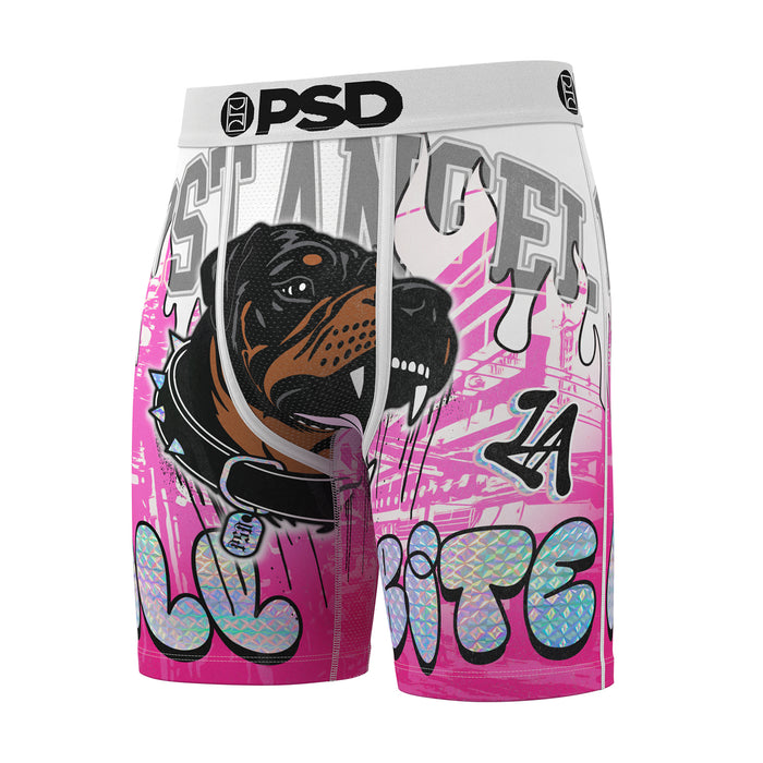 Men's boxer briefs in pink and white with rottweiler front graphic and PSD logo