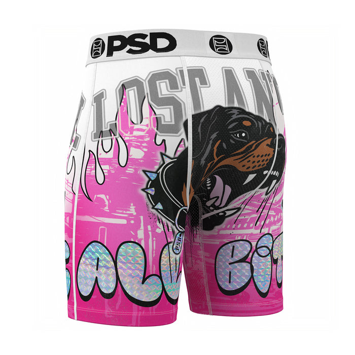 Men's boxer briefs with large rottweiler face graphic, pink splatter background