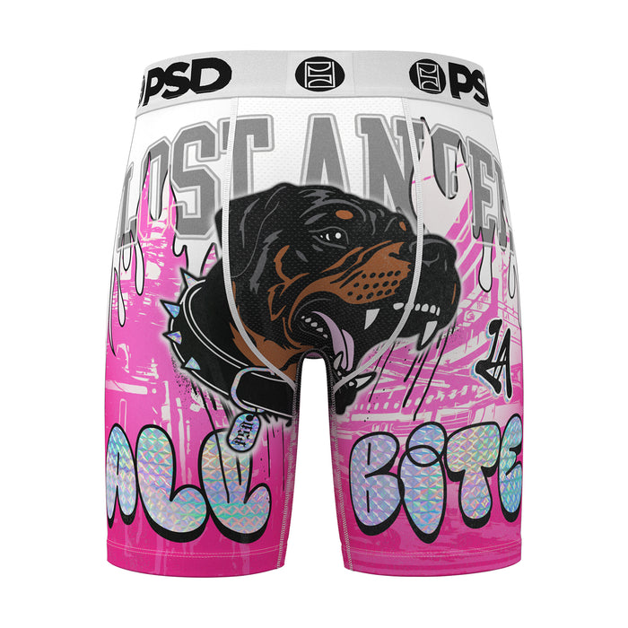 Men's boxer briefs with rottweiler head and bold graffiti text, pink and white