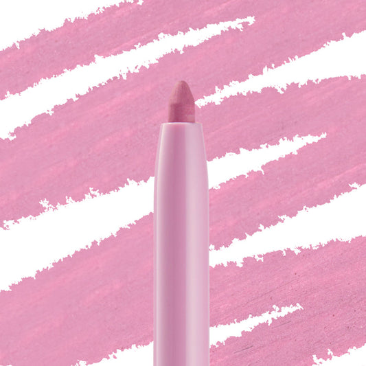 ColourPop Crème Gel Liner in Amethyst Hour stands upright, its rounded tip exposed in a pastel pink barrel, set against bold diagonal swatches of the soft amethyst‑lilac shade.