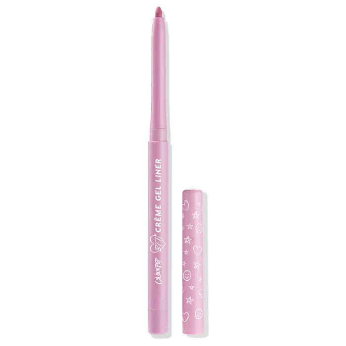 Amethyst Hour ColourPop Crème Gel Liner twists up to reveal a mauve tip, shown uncapped beside its pastel pink barrel with white doodles and branding on a clean white background.