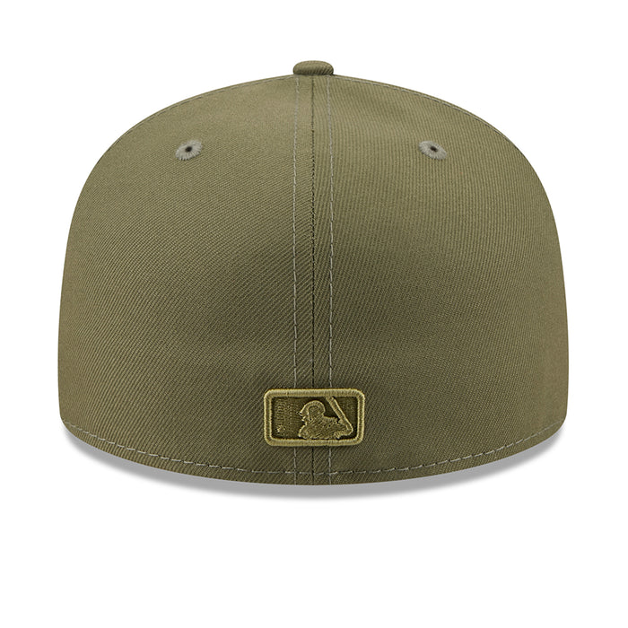 Olive baseball cap back view with embroidered rectangular logo patch